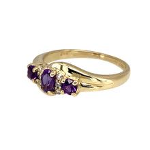 Load image into Gallery viewer, Add a touch of elegance and colour to your jewellery collection with this pre-owned 9ct yellow gold diamond &amp; amethyst set twist ring, featuring:

Design: A stylish twist band design, creating a graceful and modern look.
Material: 9-carat yellow gold, offering a warm and timeless appeal.
Gemstones: Features a 5mm by 3mm amethyst, known for its deep purple hue, complemented by diamond accents for added sparkle.

