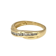 Load image into Gallery viewer, Add a touch of elegance to your jewellery collection with this pre-owned 9ct yellow gold &amp; diamond set crossover band ring, featuring:

Design: A stylish crossover band design, symbolising unity and timeless sophistication.
Material: Crafted in 9-carat yellow gold, offering a warm and polished finish.
Gemstone Detail: Set with sparkling diamonds, adding brilliance and a refined touch.
Ring Front: Measures 4mm wide, creating a bold yet elegant look.
Size &amp; Weight: Designed in size M
