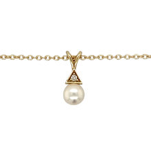 Load image into Gallery viewer, Add a touch of classic elegance to your jewellery collection with this pre-owned 9ct yellow gold diamond &amp; pearl set pendant necklace, featuring:

Design: A timeless pearl and diamond pendant, exuding sophistication and grace.
Material: Crafted in 9-carat yellow gold, offering a warm and polished finish.
Gemstone Arrangement: Features a 6mm diameter pearl, complemented by sparkling diamonds for added brilliance.
Pendant Size: Measures 1.4cm long including the bail
