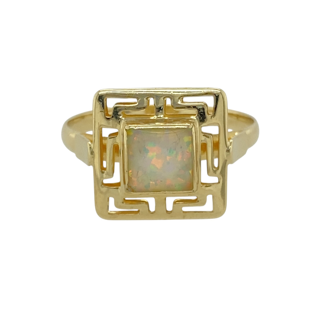 14ct Gold & Opalique Set Greek Key Ring