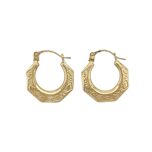 9ct Gold Patterned Octagon Shaped Creole Earrings