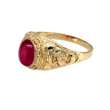 Load image into Gallery viewer, New 9ct Yellow Gold &amp; Pink Stone Graduation/University Ring in size S with the weight 3.30 grams. The pink stone is 8mm by 6mm and the front of the ring is 12mm high. The ring says &#39;Oxford University&#39; and has patterned shoulders
