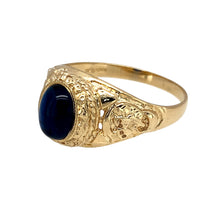 Load image into Gallery viewer, New 9ct Yellow Gold &amp; Blue Stone Graduation/University Ring in size S with the weight 3 grams. The blue stone is 8mm by 6mm and the front of the ring is 12mm high. The ring says &#39;Oxford University&#39; and has patterned shoulders
