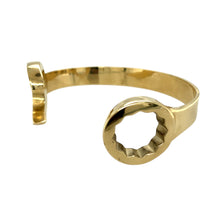 Load image into Gallery viewer, New 9ct Yellow Solid Gold Spanner Bangle with the weight 62.90 grams. The front spanner is 2.8cm high and the back of the bangle is 11mm wide. The bangle diameter is 7.5cm
