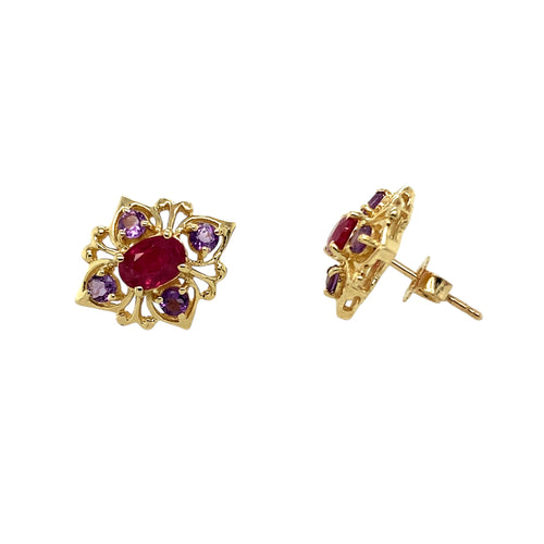 9ct Gold Ruby & Amethyst Set Cluster Stud Earrings