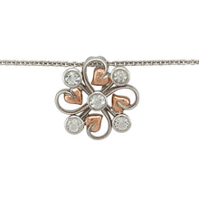 Load image into Gallery viewer, Preowned 925 Silver with 9ct Rose Gold Clogau &amp; White Topaz Set Tree of Life Pendant on an 18&quot; - 22&quot; Clogau curb chain with the weight 7.80 grams. The pendant is 2.3cm diameter and the topaz stones are each approximately 3mm diameter
