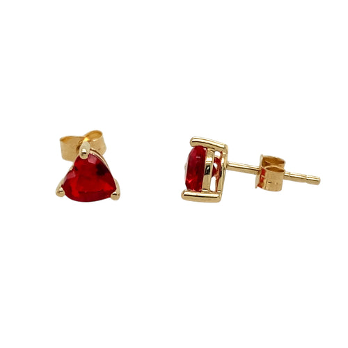 9ct Gold & Red Stone Heart Stud Earrings