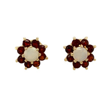 Load image into Gallery viewer, Preowned 9ct Yellow Gold Opal &amp; Garnet Set Cluster Stud Earrings with the weight 2.30 grams. The opal stones are each approximately 4.5mm diameter
