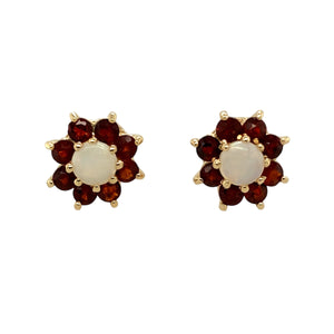 Preowned 9ct Yellow Gold Opal & Garnet Set Cluster Stud Earrings with the weight 2.30 grams. The opal stones are each approximately 4.5mm diameter