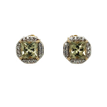 Load image into Gallery viewer, Preowned 9ct Yellow and White Gold Diamond &amp; Green Stone Set Stud Earrings with the weight 2 grams. The green stones are each 5mm by 5mm
