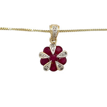 Load image into Gallery viewer, Preowned 9ct Yellow and White Gold Diamond &amp; Ruby Set Art Deco Style Pendant on an adjustable 16&quot; - 18&quot; box chain with the weight 3.10 grams. The pendant is 1.9cm long including the bail
