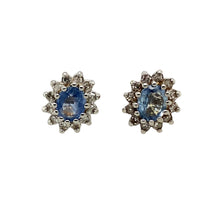 Load image into Gallery viewer, Preowned 9ct Yellow and White Gold Diamond &amp; Light Blue Set Cluster Stud Earrings with the weight 1.60 grams. The blue stones are each 5mm by 4mm
