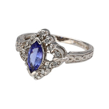 Load image into Gallery viewer, Preowned 14ct White Gold Diamond &amp; Tanzanite Set Ornate Style Ring in size P with the weight 4.40 grams. The tanzanite stone is 9mm by 4mm
