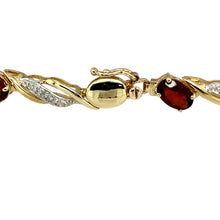 Load image into Gallery viewer, Preowned 9ct Yellow and White Gold Diamond &amp; Garnet Set 7.5&quot; Bracelet with the weight 7.80 grams. The garnet stones are each 6mm by 4mm
