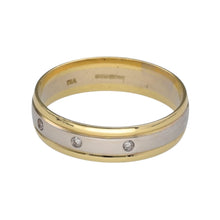 Load image into Gallery viewer, Preowned 18ct Yellow and White Gold &amp; Diamond Set Band Ring in size X with the weight 5.50 grams. The band is 6mm wide and there are three diamonds set in the band
