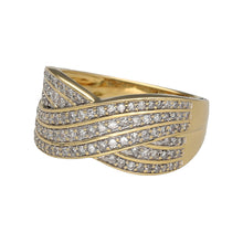 Load image into Gallery viewer, Preowned 18ct Yellow and White Gold &amp; Diamond Set Wide Crossover Band Ring in size M with the weight 5.40 grams. The front of the band is 7mm wide to 10mm wide at the sides
