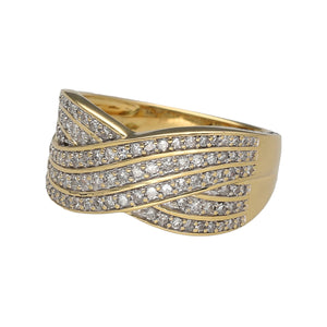 Preowned 18ct Yellow and White Gold & Diamond Set Wide Crossover Band Ring in size M with the weight 5.40 grams. The front of the band is 7mm wide to 10mm wide at the sides