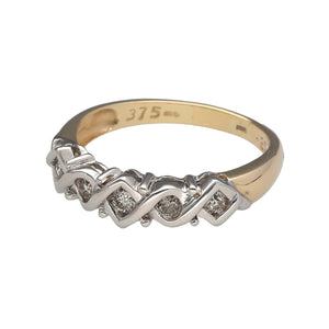 Preowned 9ct Yellow and White Gold & Diamond Set Crossover Band Ring in size P with the weight 3 grams. The front of the band is 5mm wide and there is approximately 25pt of diamond content in total