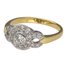 Load image into Gallery viewer, Preowned 18ct Yellow and White Gold &amp; Diamond Set Halo Circle Dress Ring in size P with the weight 4.10 grams. The front of the ring is 10mm high and the ring contains approximately 30pt of diamond content in total. The diamonds are approximate clarity Si2
