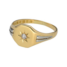 Load image into Gallery viewer, Preowned 18ct Yellow and White Gold &amp; Diamond Set Signet Ring in size U with the weight 6.50 grams. The front of the ring is 11mm high and the diamond is starburst set
