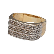 Load image into Gallery viewer, Preowned 9ct Yellow and White Gold &amp; Diamond Set Three Row Wide Band Ring in size S with the weight 5.50 grams. The front of the ring is 11mm high
