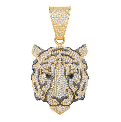 New 9ct Yellow Gold & Cubic Zirconia Set Tiger Pendant with green stones for eyes and the weight 13.30 grams. The pendant is 5.75cm by 3cm 