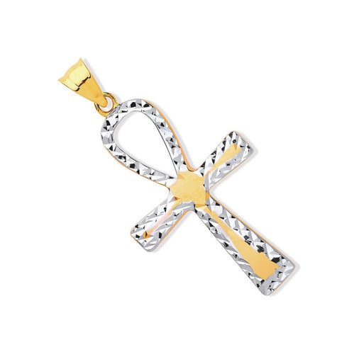 New 9ct Yellow and White Gold Ankh Pendant with the weight 1 gram. The pendant is 3.5cm long including the bail by 1.75cm