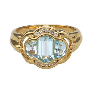 18ct Gold Diamond & Aquamarine Set Trilogy Ring