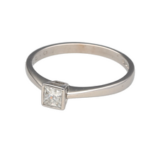 Load image into Gallery viewer, Preowned 18ct White Gold &amp; Diamond Rubover Set Solitaire Ring in size P with the weight 2.70 grams. The princess cut diamond is approximately 30pt with approximate clarity Si1 and colour K - J
