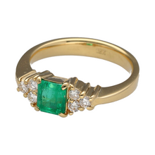 Load image into Gallery viewer, Preowned 18ct Yellow Gold Diamond &amp; Emerald Set Ring in size N with the weight 5.30 grams. The emerald stone is 6mm by 6mm
