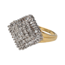 Load image into Gallery viewer, Preowned 18ct Yellow and White Gold &amp; Diamond Set Cluster Ring in size S with the weight 7 grams. The front of the ring is 19mm high and there is approximately 1ct of diamond content set in the cluster in total
