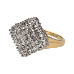 Preowned 18ct Yellow and White Gold & Diamond Set Cluster Ring in size S with the weight 7 grams. The front of the ring is 19mm high and there is approximately 1ct of diamond content set in the cluster in total