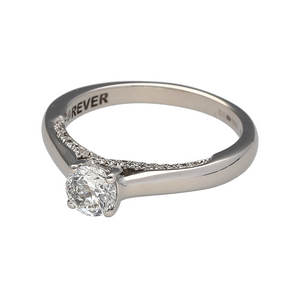 Preowned 18ct White Gold & Diamond Set Solitaire Ring in size J with the weight 3.10 grams. There is approximately 50pt of diamond content in total with approximate clarity i1 and colour K - M