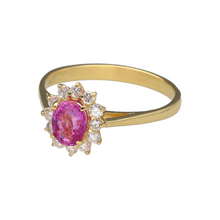 Load image into Gallery viewer, Preowned 18ct Yellow Gold Diamond &amp; Pink Sapphire Set Cluster Ring in size S with the weight 3.30 grams. The sapphire stone is 7mm by 5mm
