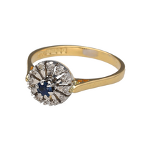 Load image into Gallery viewer, Preowned 18ct Yellow and White Gold Diamond &amp; Sapphire Set Delicate Cluster Ring in size S with the weight 4.20 grams. The sapphire stone is approximately 3.5mm diameter
