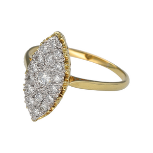 Preowned 18ct Yellow and White Gold & Diamond Set Marquise Style Pave Set Cluster Ring in size W with the weight 4.90 grams. The front of the ring is 20mm high and there is approximately 42pt of diamond content set in total