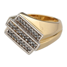 Load image into Gallery viewer, Preowned 9ct Yellow and White Gold &amp; Diamond Set Three Row Slanted Ring in size U with the weight 7.10 grams. The front of the ring is 2cm high and there is approximately 50pt of diamond content in total
