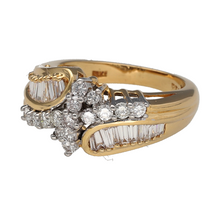 Load image into Gallery viewer, Preowned 18ct Yellow and White Gold &amp; Diamond Set Cluster Twist Ring in size N with the weight 8.30 grams. The ring is made up of baguette and brilliant cut diamond making up approximately 88pt of diamond content in total. The front of the ring is 13mm high
