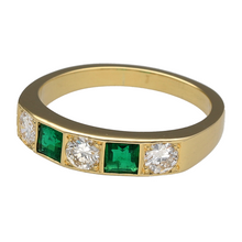 Load image into Gallery viewer, Preowned 18ct Yellow Gold Diamond &amp; Emerald Set Band Ring in size R with the weight 6 grams. The emerald stones are each 4mm by 4mm and the diamonds are each approximately 25pt
