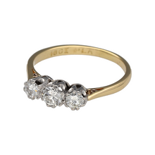 Load image into Gallery viewer, Preowned 18ct Yellow Gold &amp; Platinum Diamond Set Trilogy Ring in size L with the weight 1.90 grams. There is approximately 47pt of diamond content in total with approximate clarity VS2
