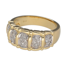 Load image into Gallery viewer, Preowned 14ct Yellow and White Gold &amp; Diamond Set Wide Band Ring in size Q with the weight 6.10 grams. The front of the band is 9mm high and there is approximately 25pt of diamond content in total
