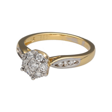 Load image into Gallery viewer, Preowned 18ct Yellow and White Gold &amp; Diamond Cluster Illusion Set Solitaire Ring in size K with the weight 3.20 grams. The front of the ring is 8mm high and there is approximately 33pt of diamond content in total
