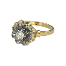 Load image into Gallery viewer, Preowned 18ct Yellow and White Gold &amp; Diamond Set Flower Ring in size L with the weight 3.60 grams. The front of the ring is 12mm high
