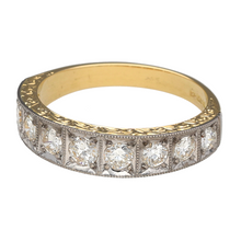 Load image into Gallery viewer, Preowned 18ct Yellow and White Gold &amp; Diamond Set Band Ring in size S with the weight 5.90 grams. The front of the band is 5mm wide and there is approximately 92pt of diamond content in total. The diamonds is approximate clarity Si and colour J - K
