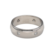 Load image into Gallery viewer, Preowned 18ct White Gold &amp; Diamond Set Band Ring in size P with the weight 6.70 grams. The band is 6mm wide and there is approximately 20pt of diamond content set in total across the six diamonds
