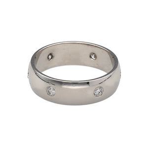 Preowned 18ct White Gold & Diamond Set Band Ring in size P with the weight 6.70 grams. The band is 6mm wide and there is approximately 20pt of diamond content set in total across the six diamonds