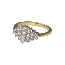 Load image into Gallery viewer, Preowned 18ct Yellow and White Gold &amp; Diamond Set Cluster Ring in size J with the weight 3.60 grams. The front of the ring is 10mm high and there is approximately 36pt of diamond content in total
