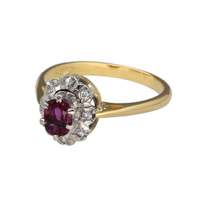 Preowned 18ct Yellow and White Gold Diamond & Ruby Antique Style Cluster Ring in size Q with the weight 5.20 grams. The ruby stone is approximately 6mm by 5mm