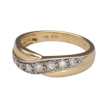 Load image into Gallery viewer, Preowned 9ct Yellow and White Gold &amp; Diamond Set Crossover Band Ring in size M with the weight 2.70 grams. The front of the band is 5mm wide and there is approximately 25pt of diamond content
