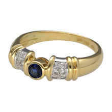 Load image into Gallery viewer, Preowned 18ct Yellow and White Gold Diamond &amp; Sapphire Set Band Ring in size R with the weight 5.10 grams. The sapphire stone is 4mm diameter
